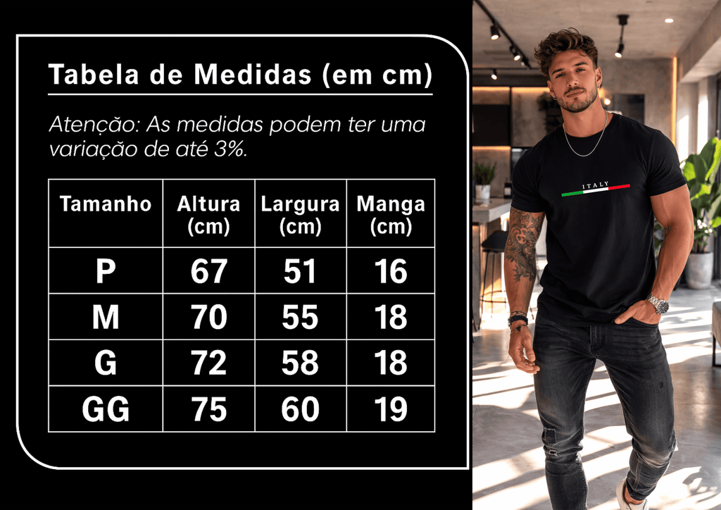 Camiseta Masculina Premium Manga Curta Tradicional  - Italy Algodão 100%