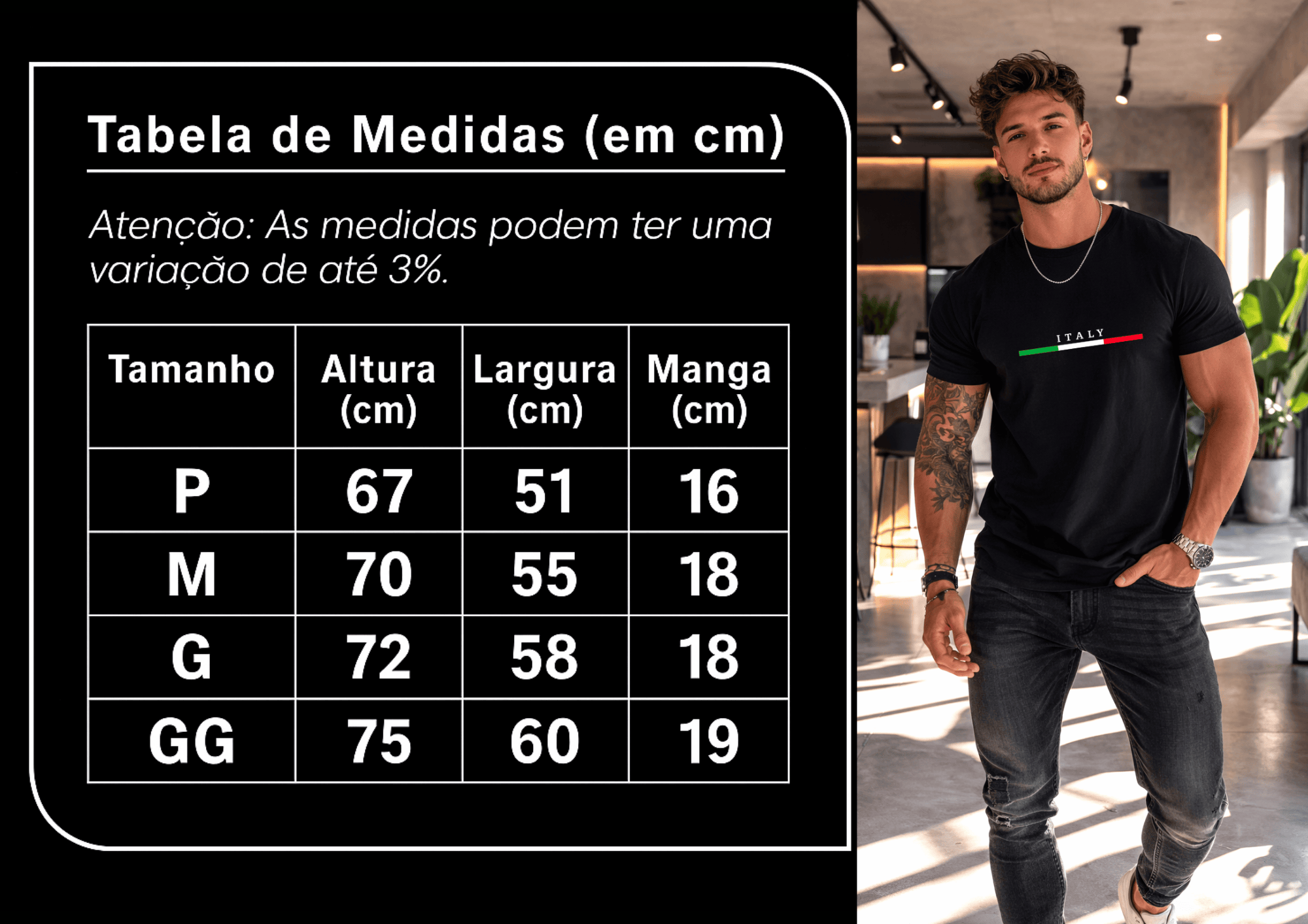 Camiseta Masculina Premium Manga Curta Tradicional  - Italy Algodão 100%