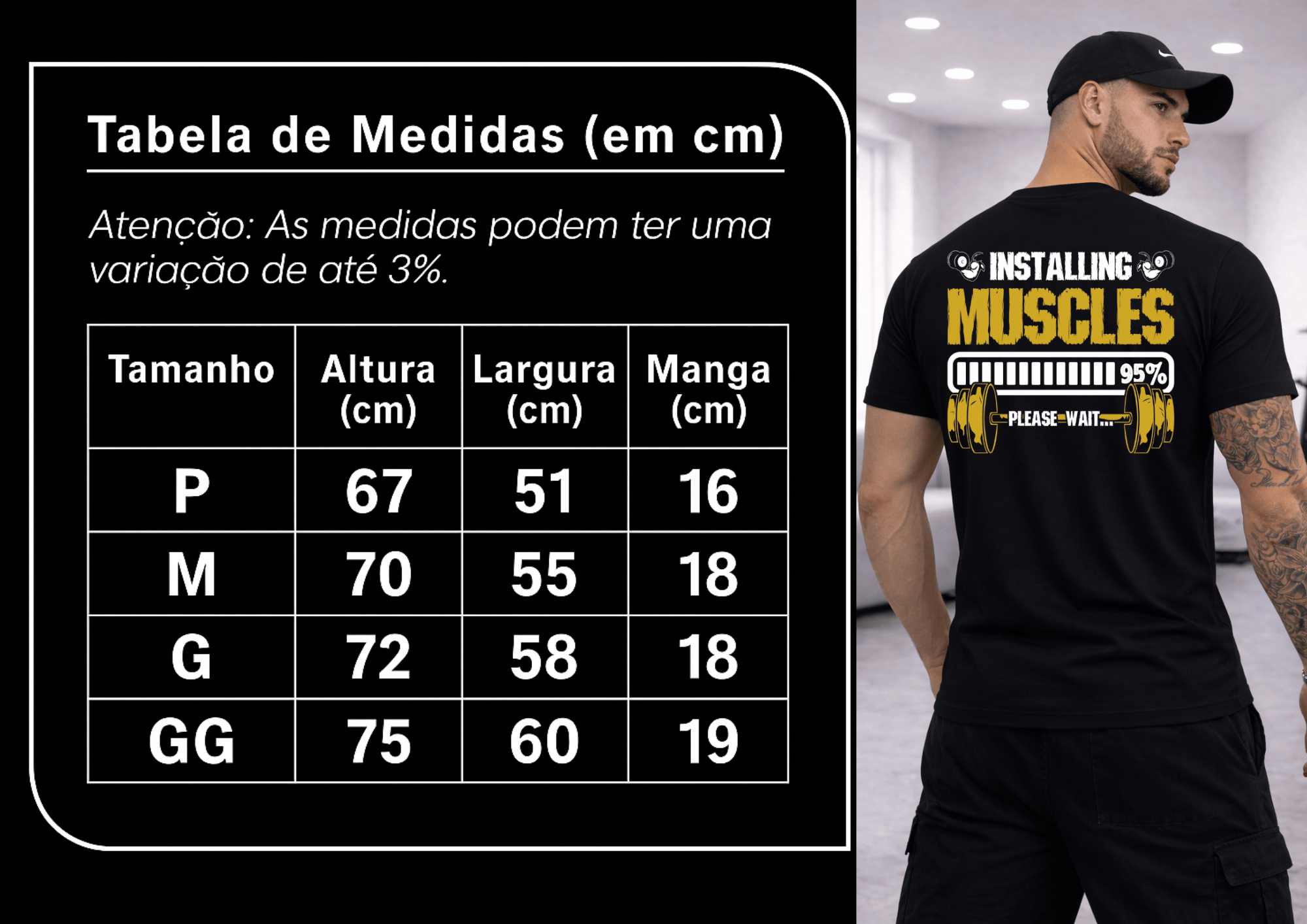 Camiseta Masculina Premium Manga Curta Tradicional   | Estampa Installing Muscles Please Wait Halteres