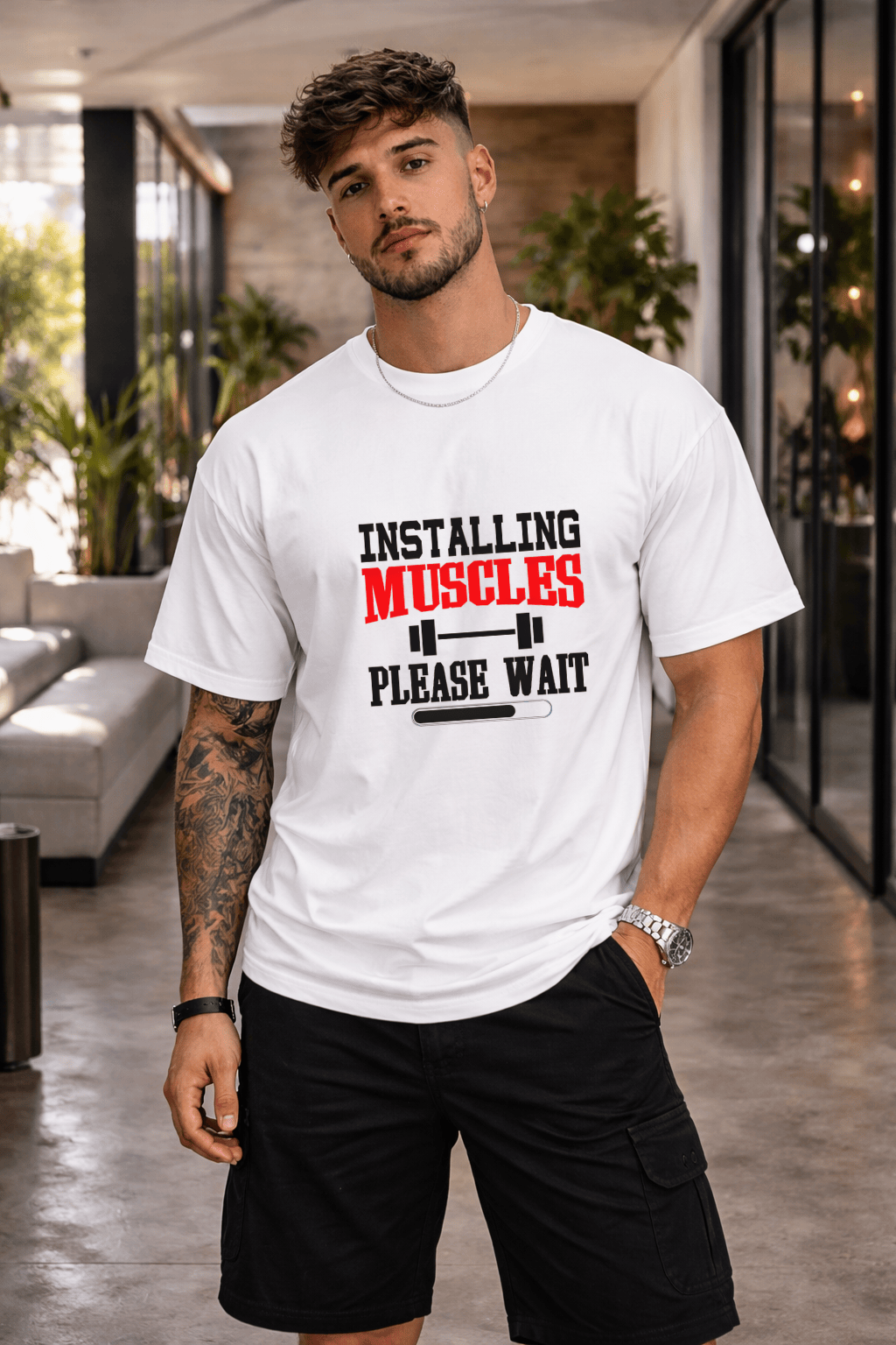 Camisetão Oversized Masculina | Estampa - Installing Muscles Please Wait