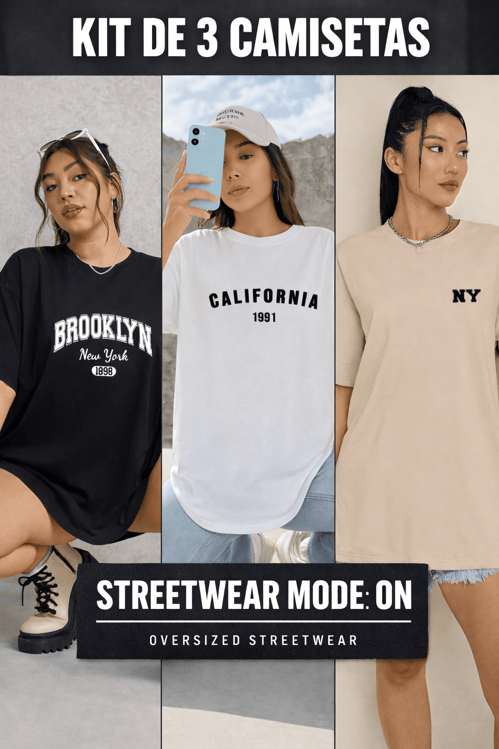 Camiseta Oversized Feminina -  Kit 3 Camisetas - As mais Vendidas