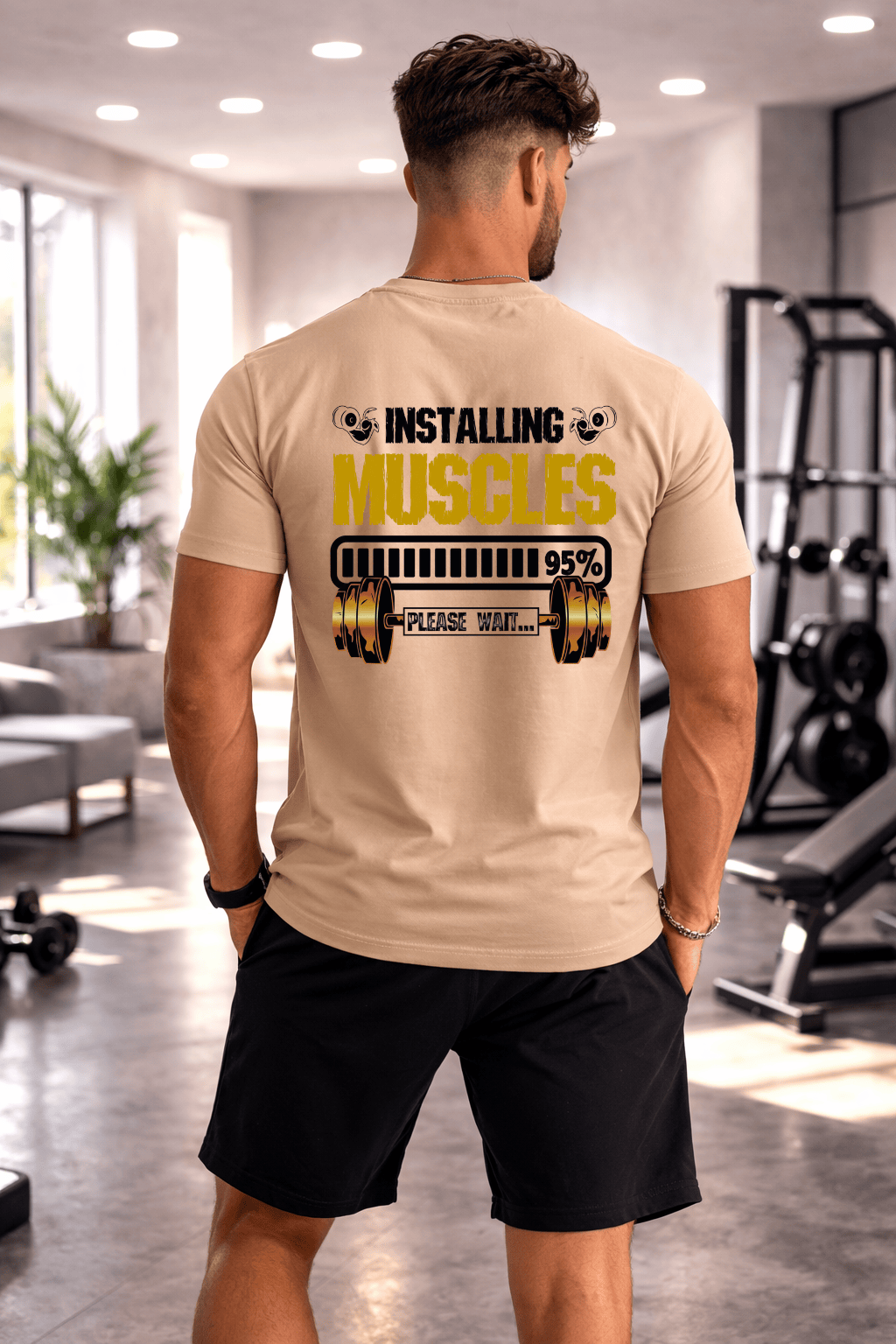 Camiseta Masculina Premium Manga Curta Tradicional   | Estampa Installing Muscles Please Wait Halteres