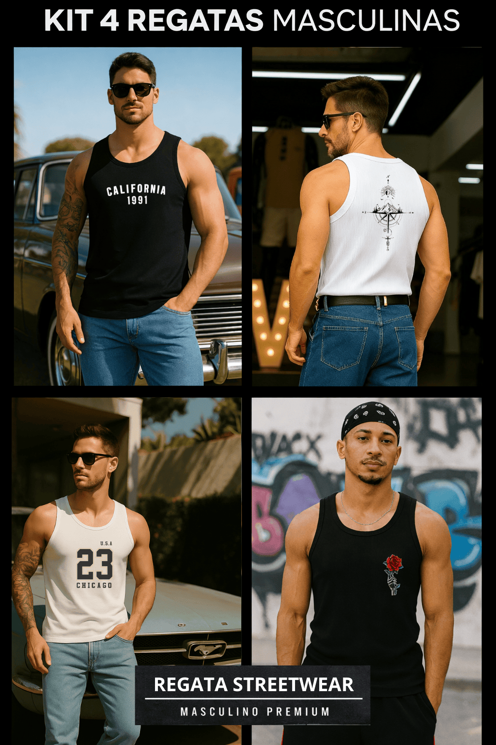 Kit com 4 Regatas Masculinas - Urbano Essential