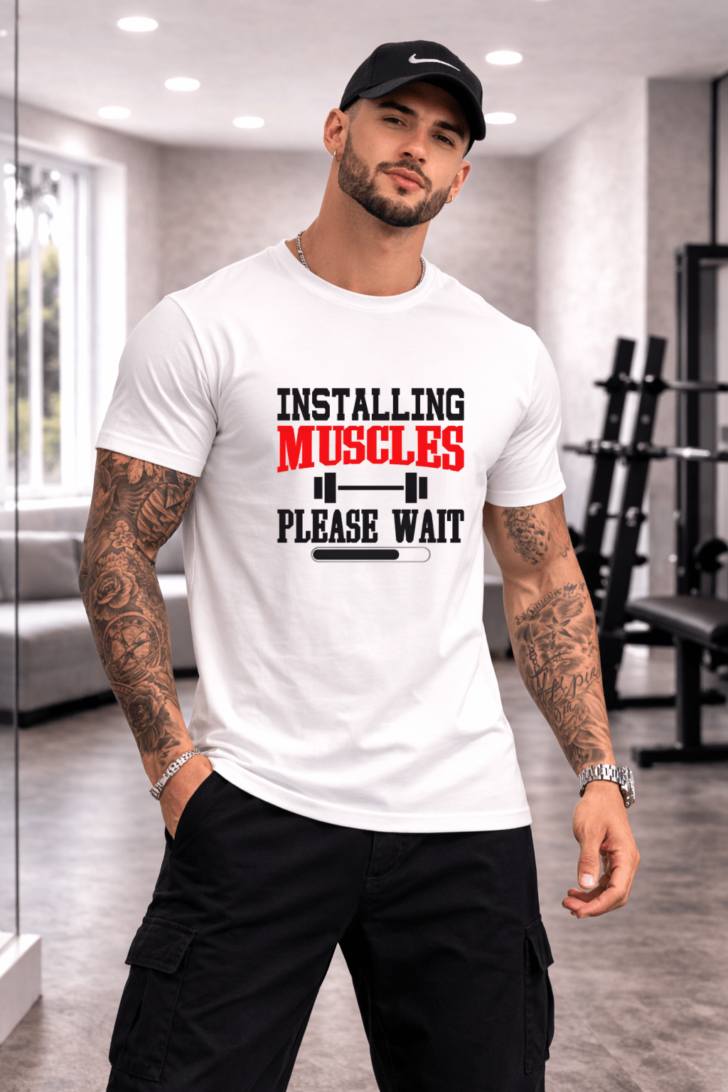 Camiseta Masculina Premium Manga Curta Tradicional - Installing Muscles Please Wait