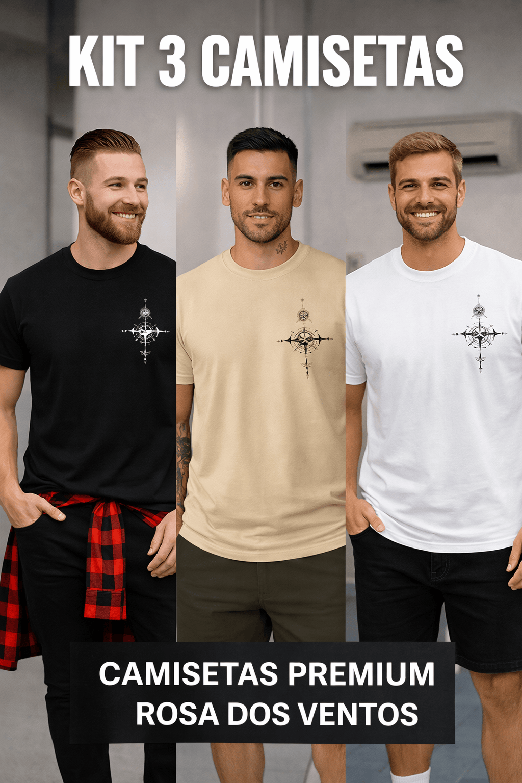 Kit 3 Camiseta Masculina Premium | Mais Vendidas - Rosa dos Ventos