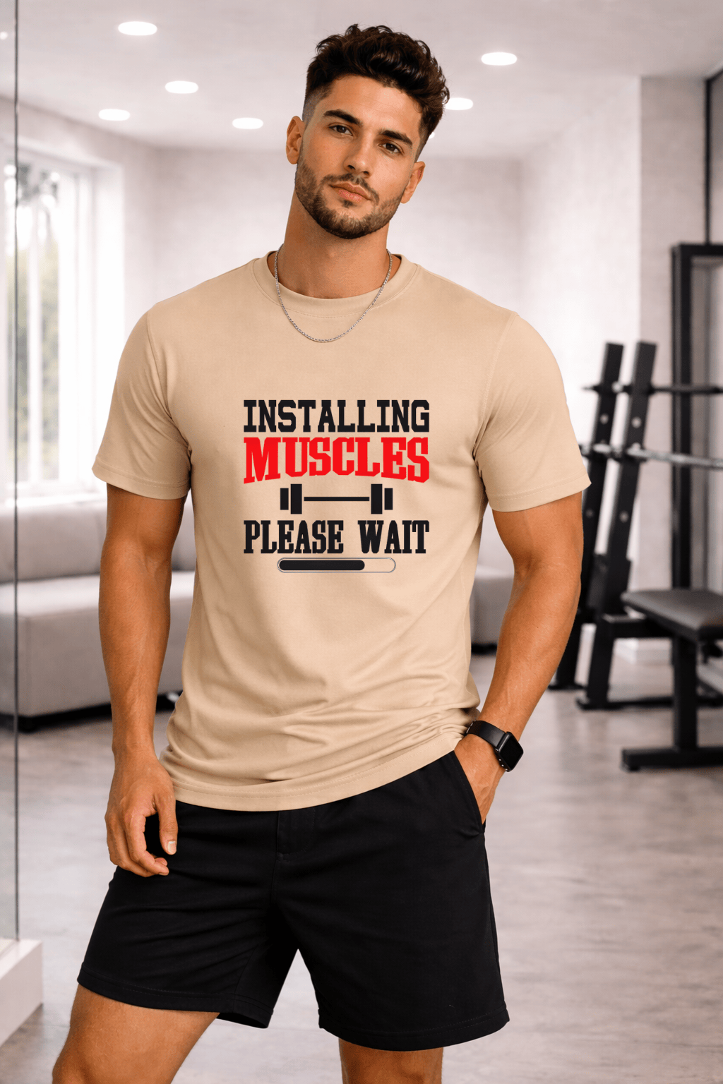 Camiseta Masculina Premium Manga Curta Tradicional - Installing Muscles Please Wait
