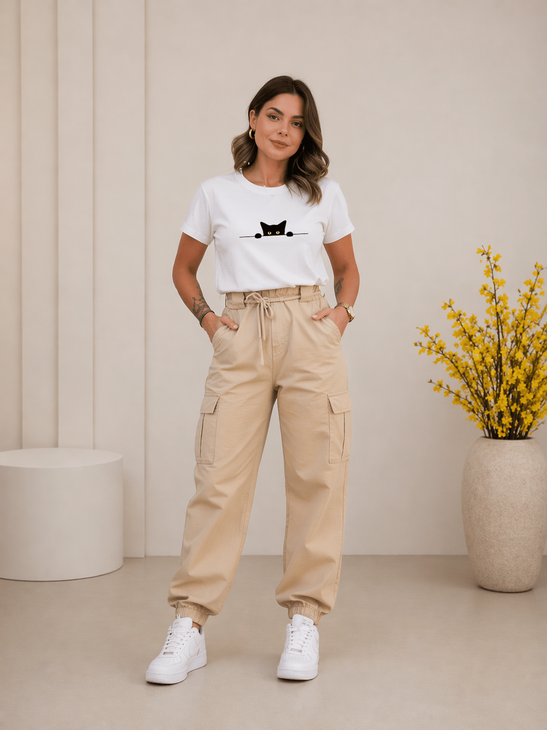 Camiseta Feminina Tradicional Manga Curta - Almayda Peek Cat
