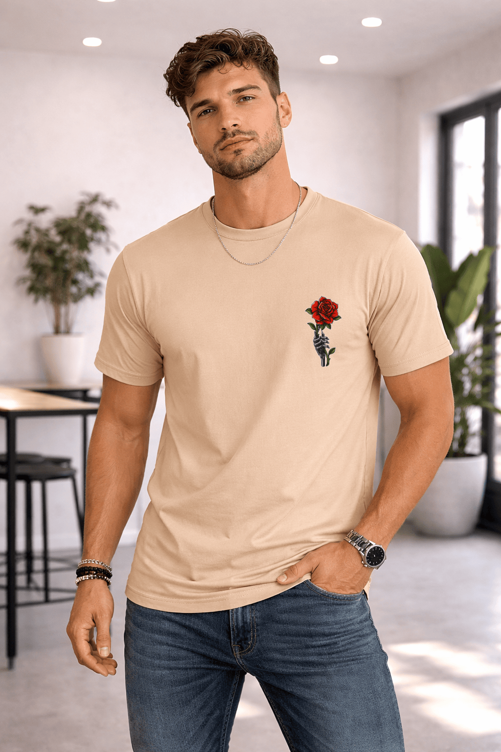 Camiseta Masculina Tradicional Manga Curta - Rose Pain Red