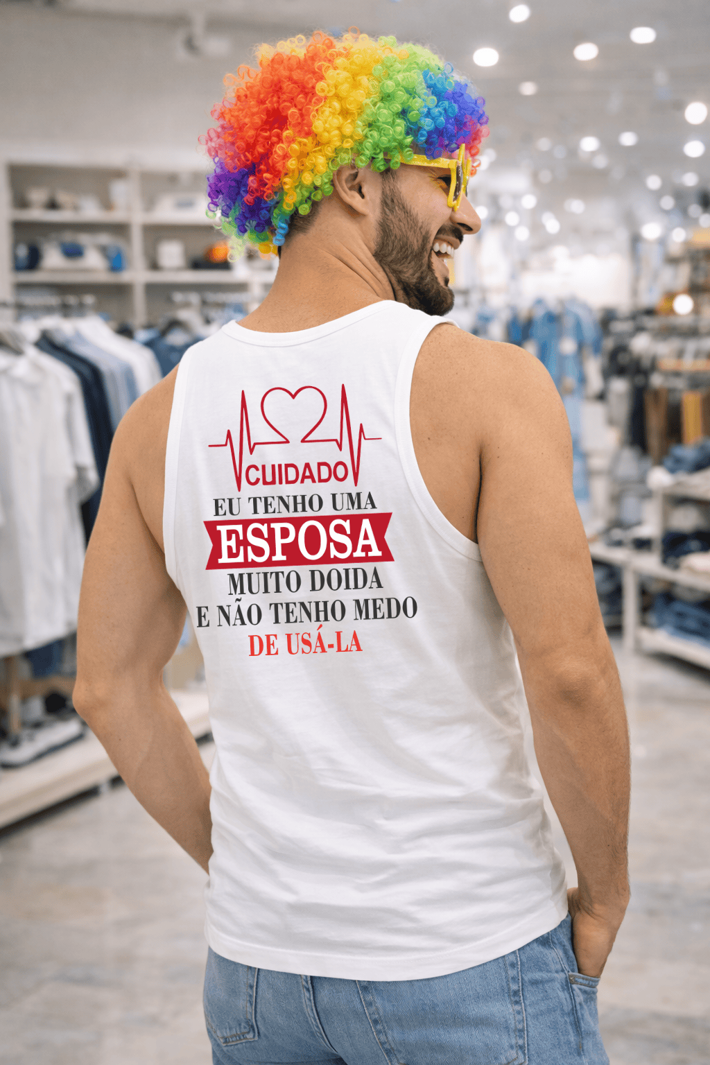 Camiseta Regata Masculina - “Tenho Uma Esposa Muito Doida” | Carnaval | Conforto Premium