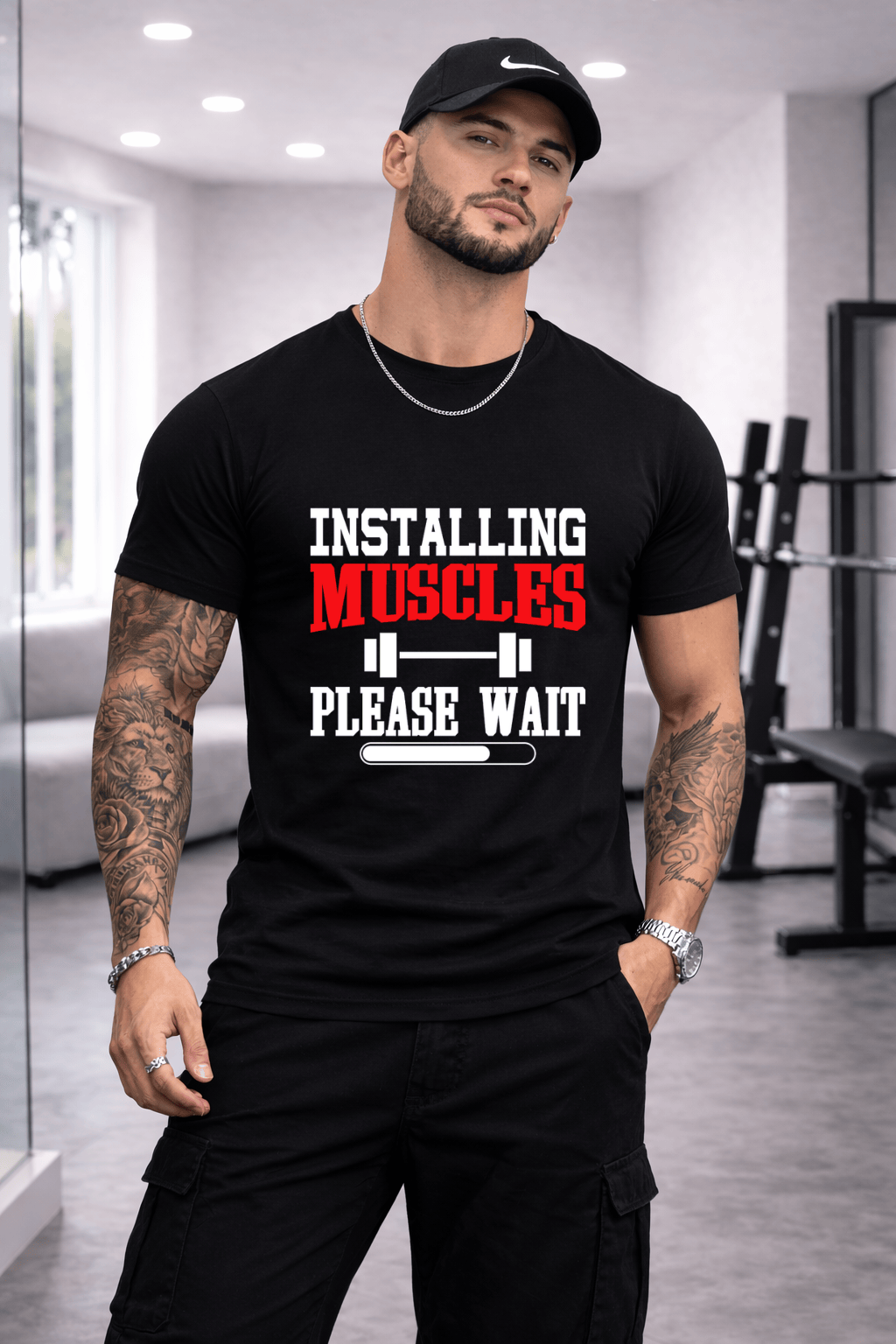 Camiseta Masculina Premium Manga Curta Tradicional - Installing Muscles Please Wait