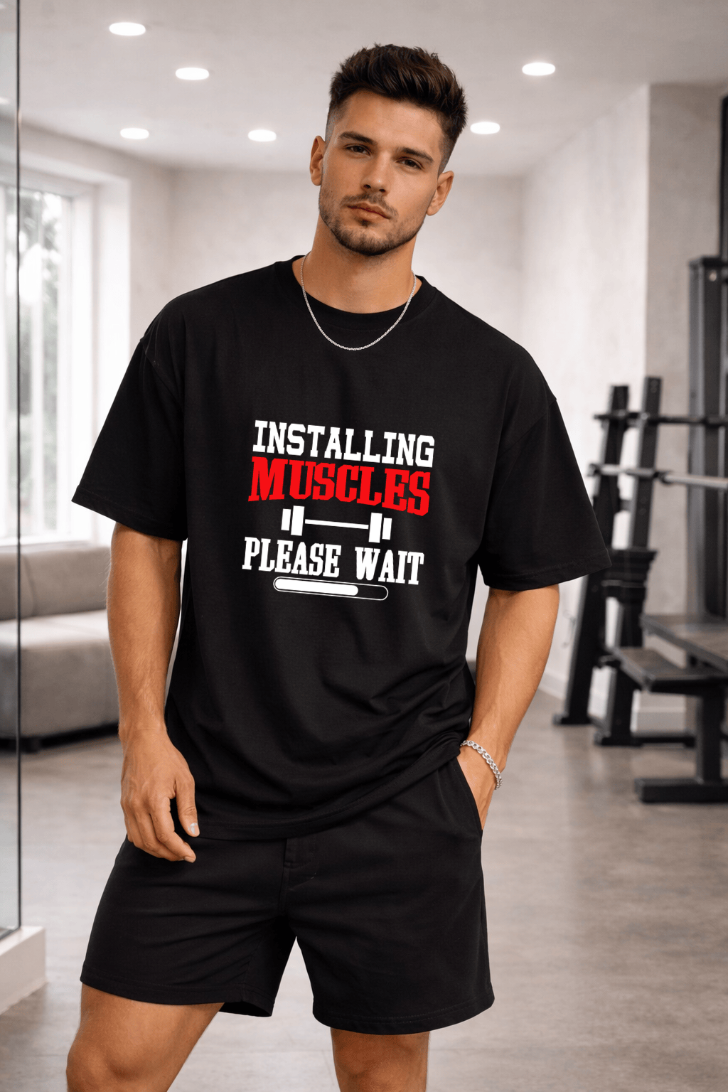 Camisetão Oversized Masculina | Estampa - Installing Muscles Please Wait