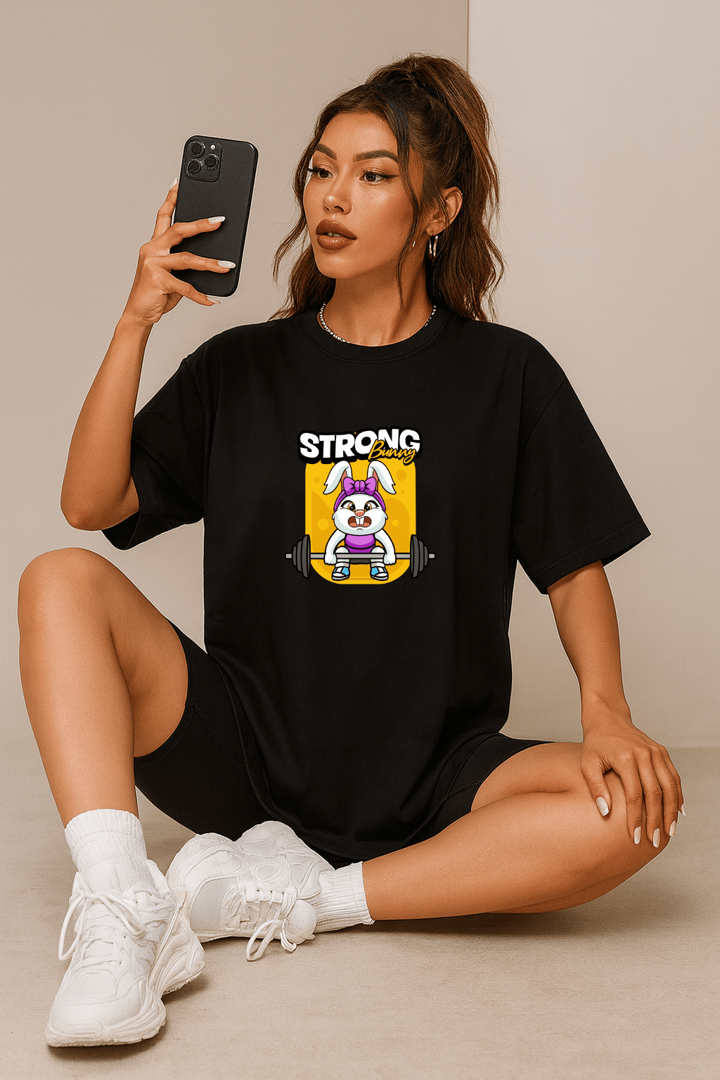 Camiseta Oversized Feminina | Estampa - Coelhinha Fitness