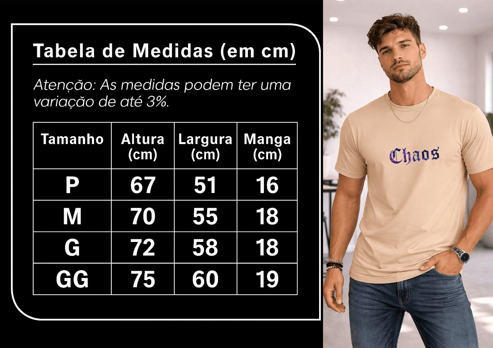 Camiseta Masculina Premium Manga Curta Tradicional  | Estampa - Chaos