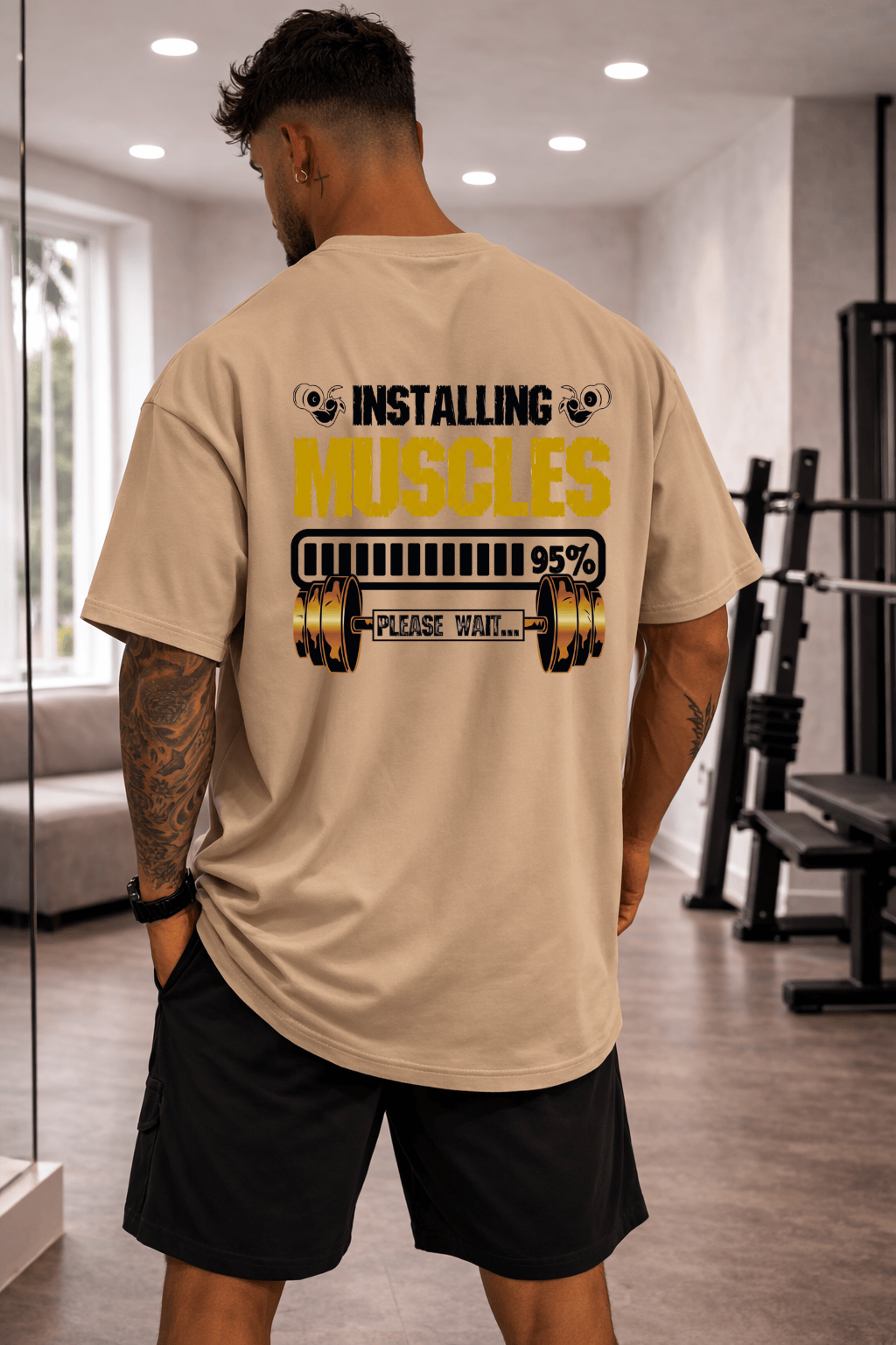 Camisetão Oversized Masculina | Estampa Instaling Muscles Please Wait Halteres