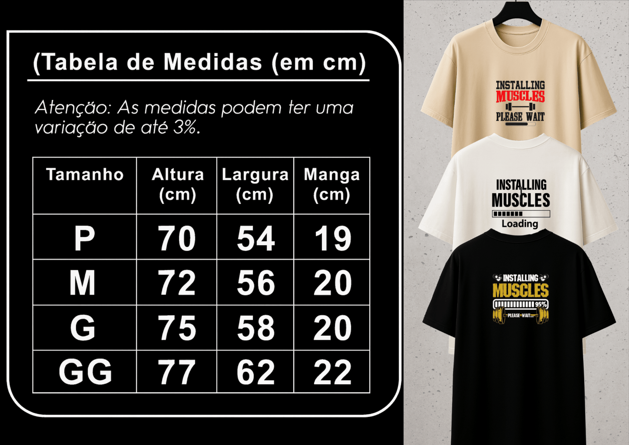 kit com 3 Camisetas Oversized Masculina - Installing Muscles - As mais Vendidas