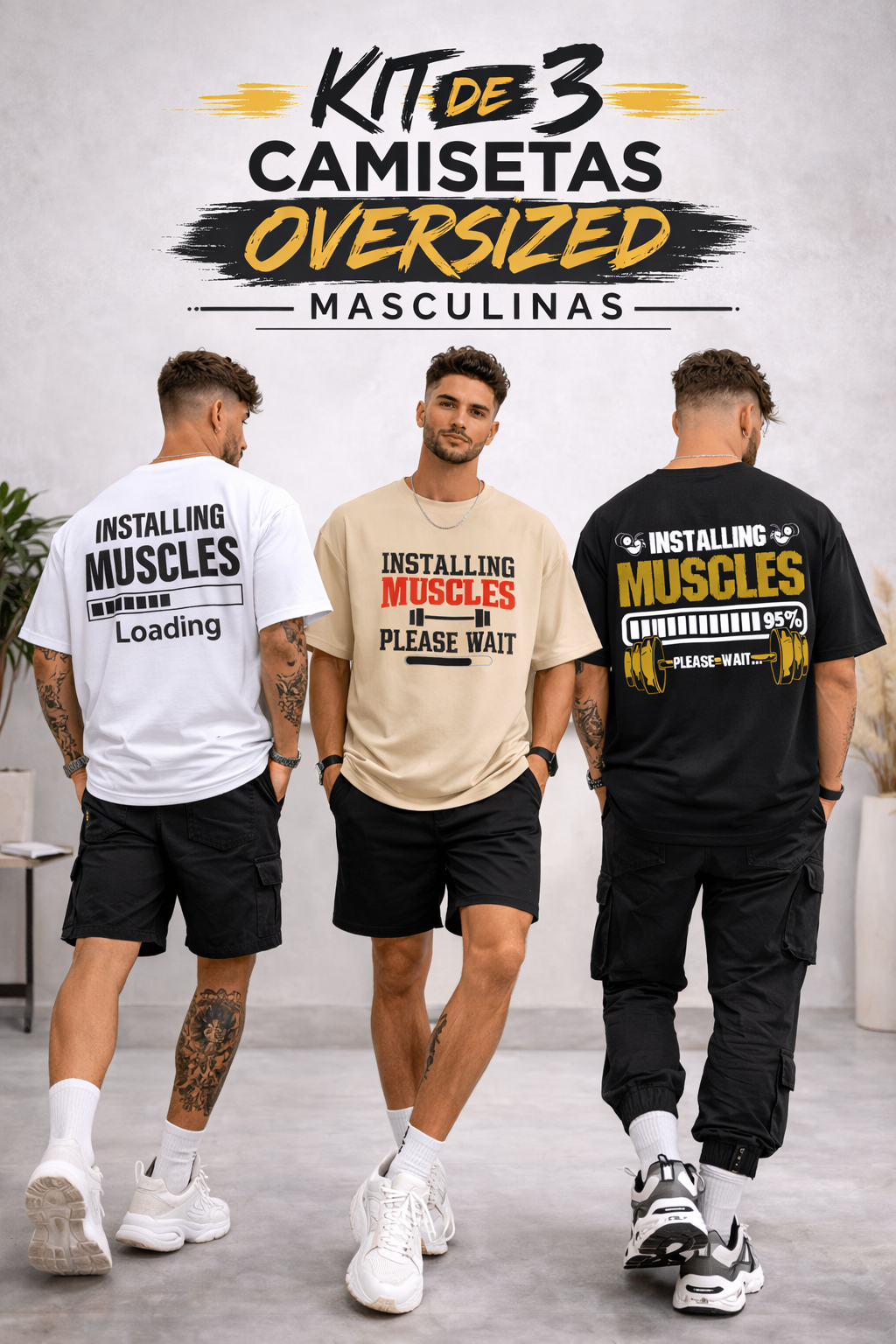 kit com 3 Camisetões Oversized  Masculina - Installing Muscles - As mais Vendidas