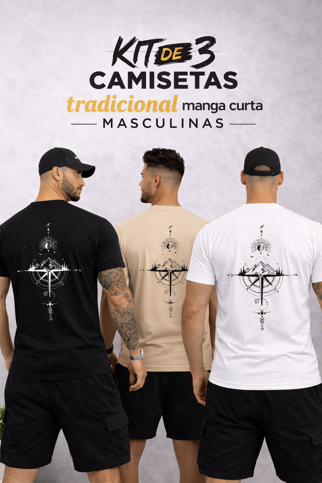 Kit 3 Camiseta Masculina Premium Manga Curta Tradicional | Mais Vendidas - Rosa dos Ventos